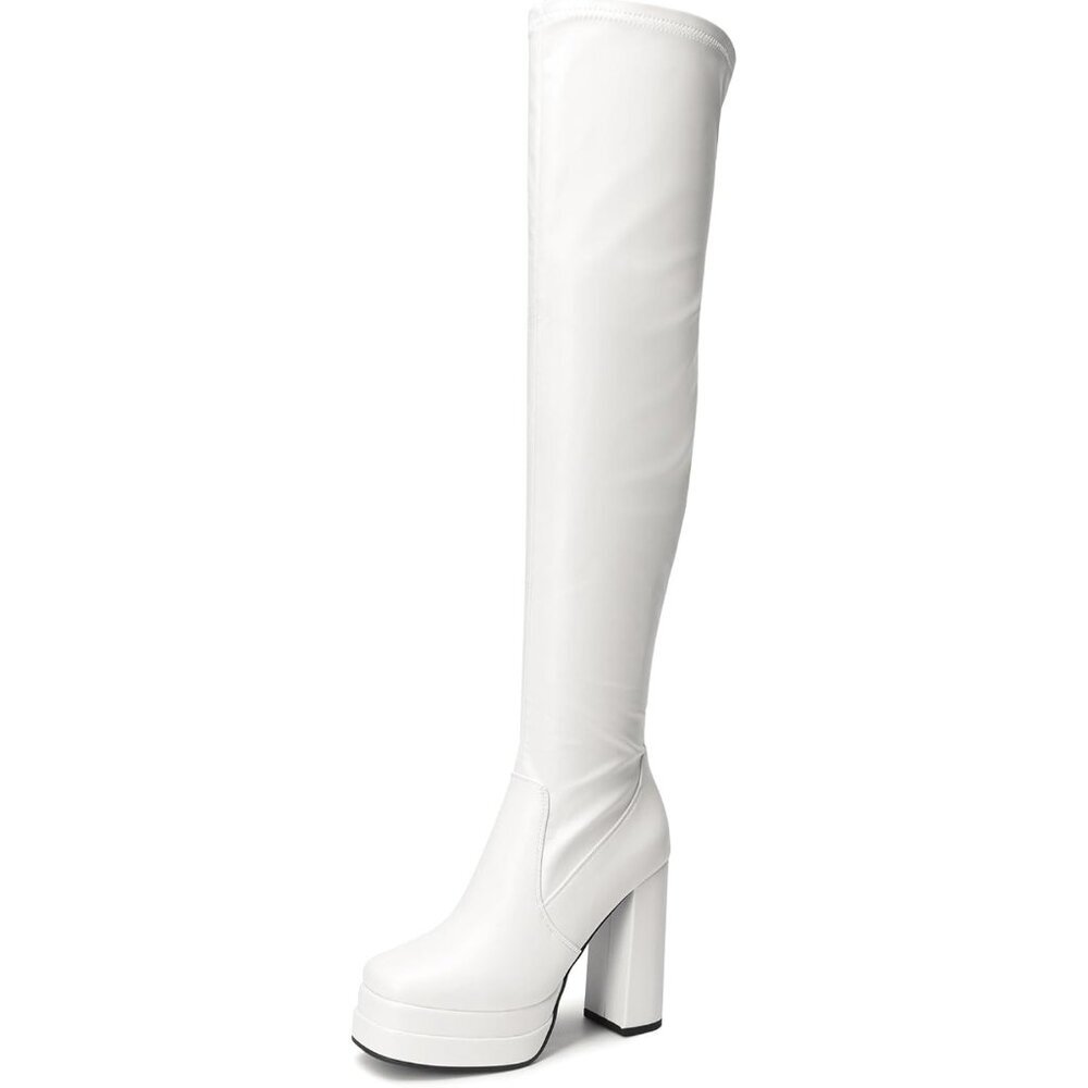 Women's White Polyurethane (PU) Square Toe Over The Knee Thigh High Long Boots